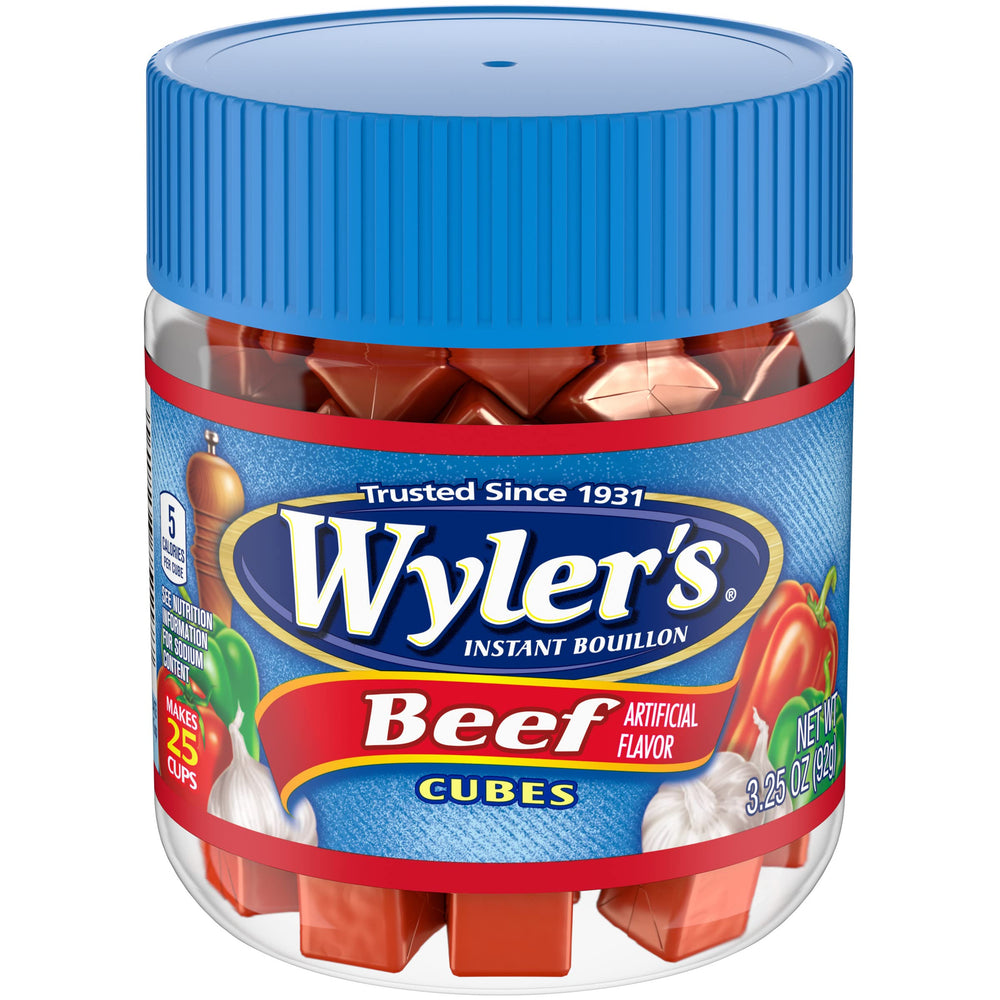Wyler's beef bouillon cubes in jar front for quick flavor boost.