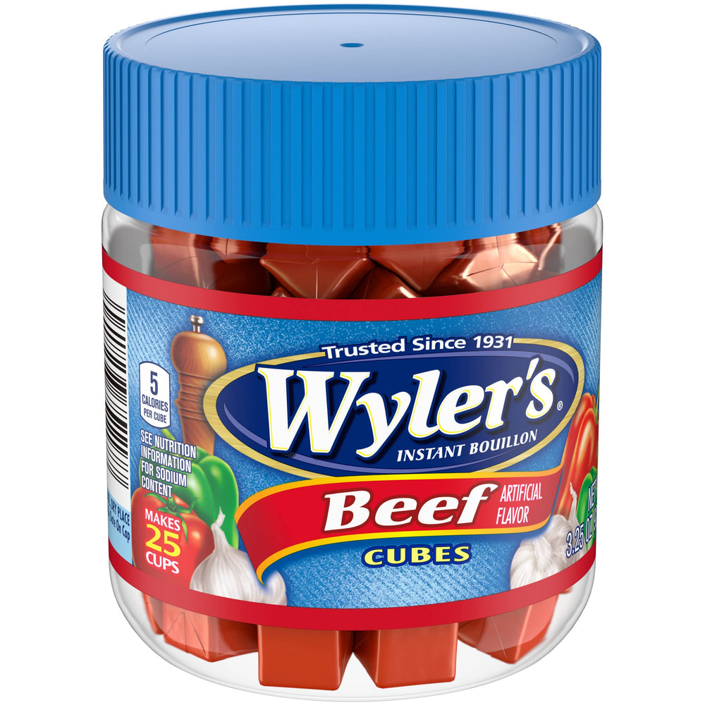 Wyler's beef bouillon cubes in a steaming cup of broth.