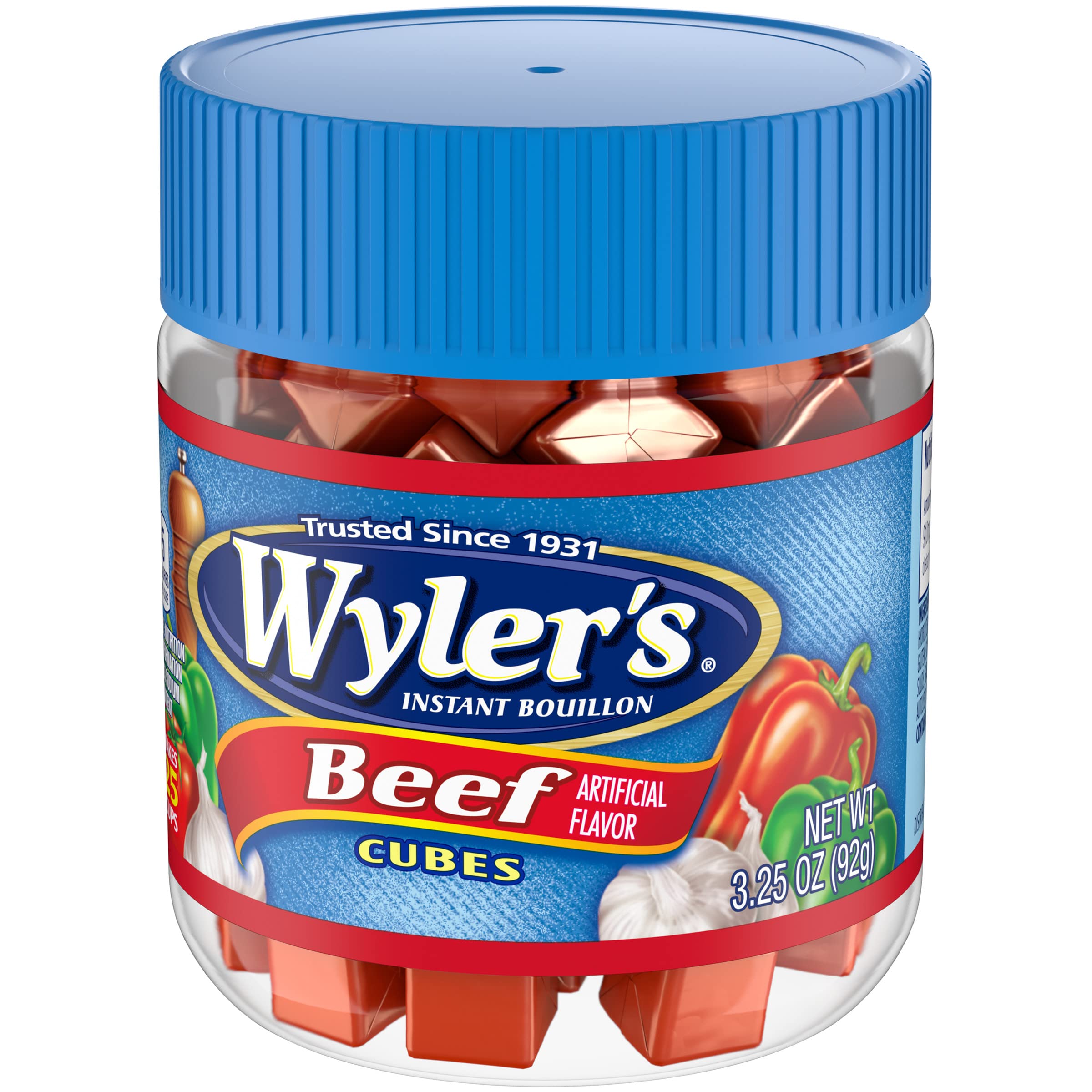 Wyler's label on jar emphasizes 0g trans fat and convenience.