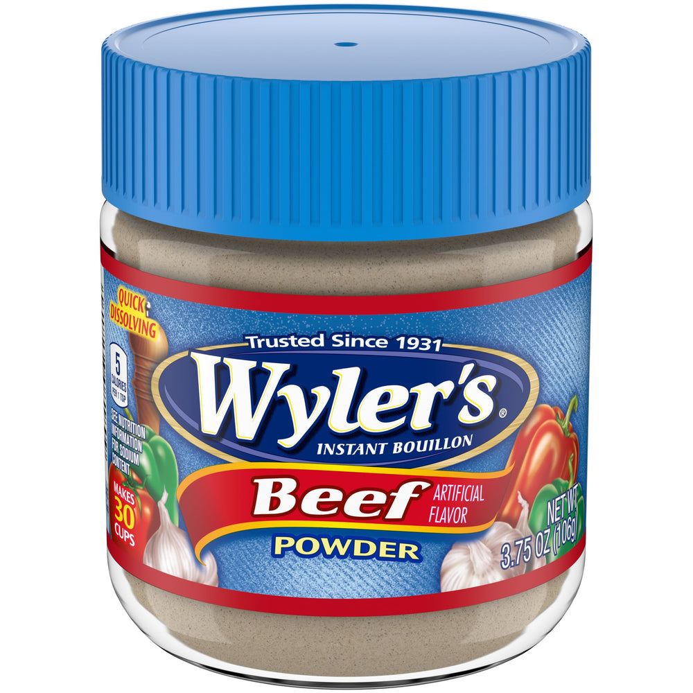 Wyler's Beef Bouillon powder jar shown, delivering rich flavor for quick soups and gravies.