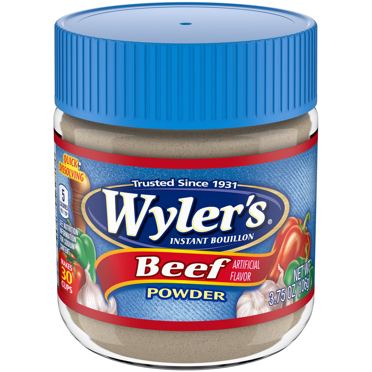 Wyler's Beef Bouillon powder jar shown, delivering rich flavor for quick soups and gravies.