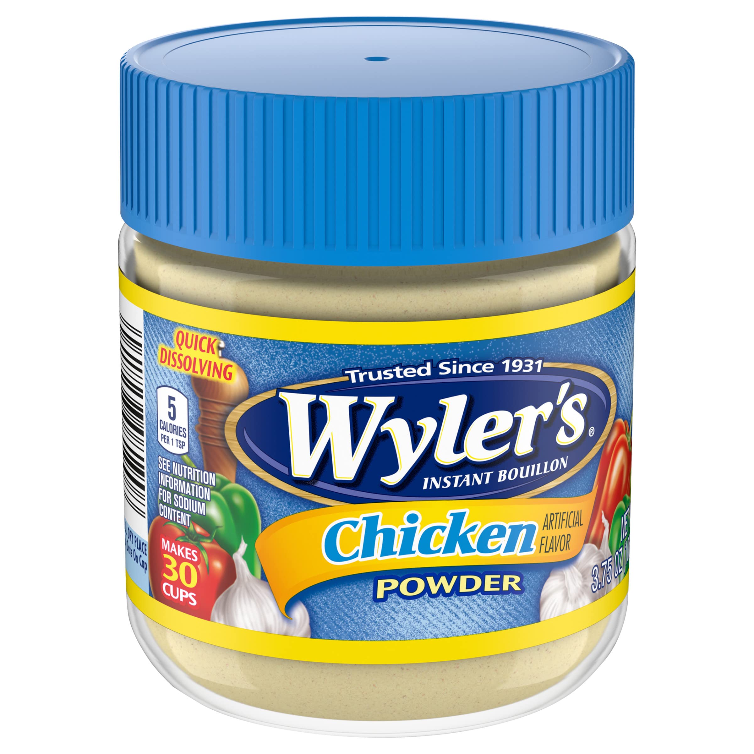 Close-up of fine Wyler's chicken bouillon powder granules.