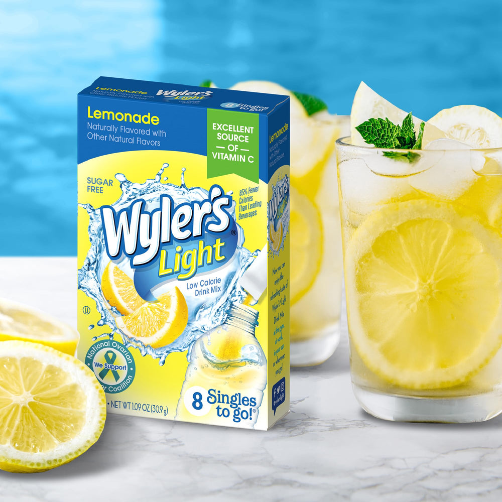 Close-up of Wyler's Light box with eight packets for convenient on-the-go hydration.