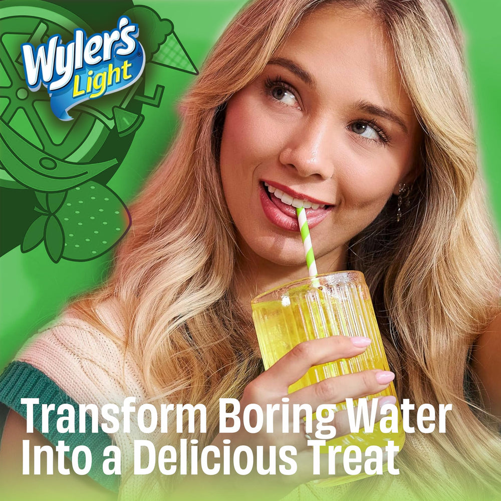 Wyler's Light dry drink mix packets dissolving easily to customize water flavor.