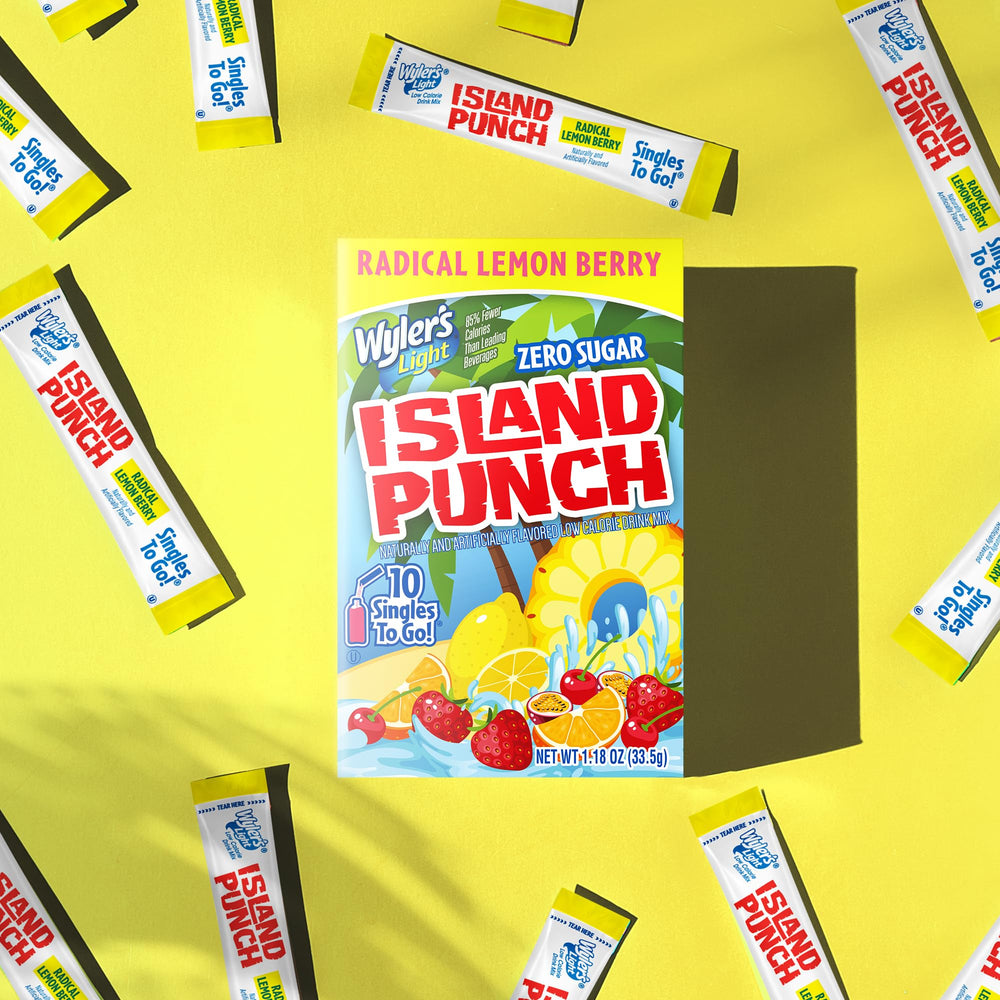 Assortment of five tropical Island Punch flavors beside a water bottle