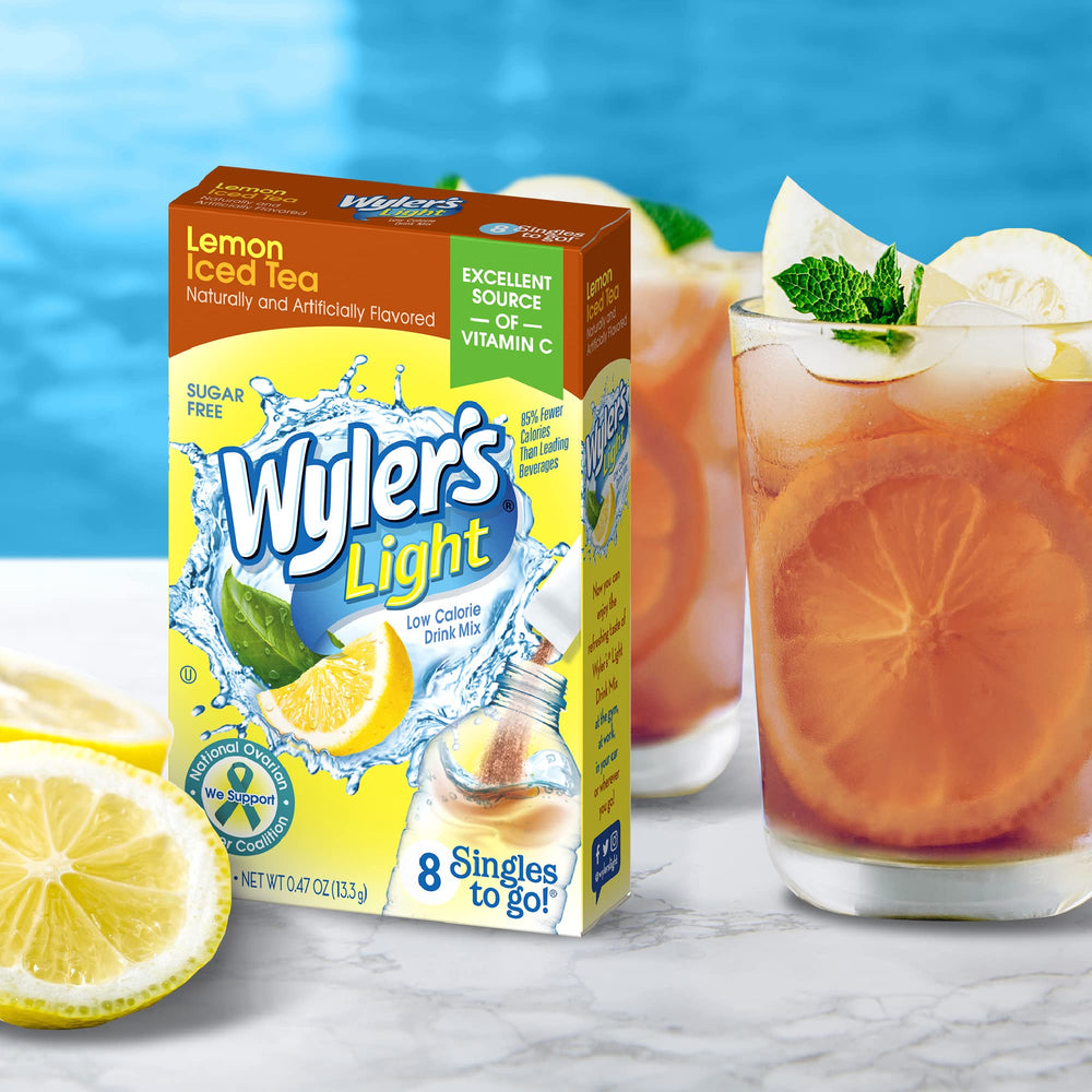 Wyler's Light lemon packet close-up dissolves easily for vibrant flavor.