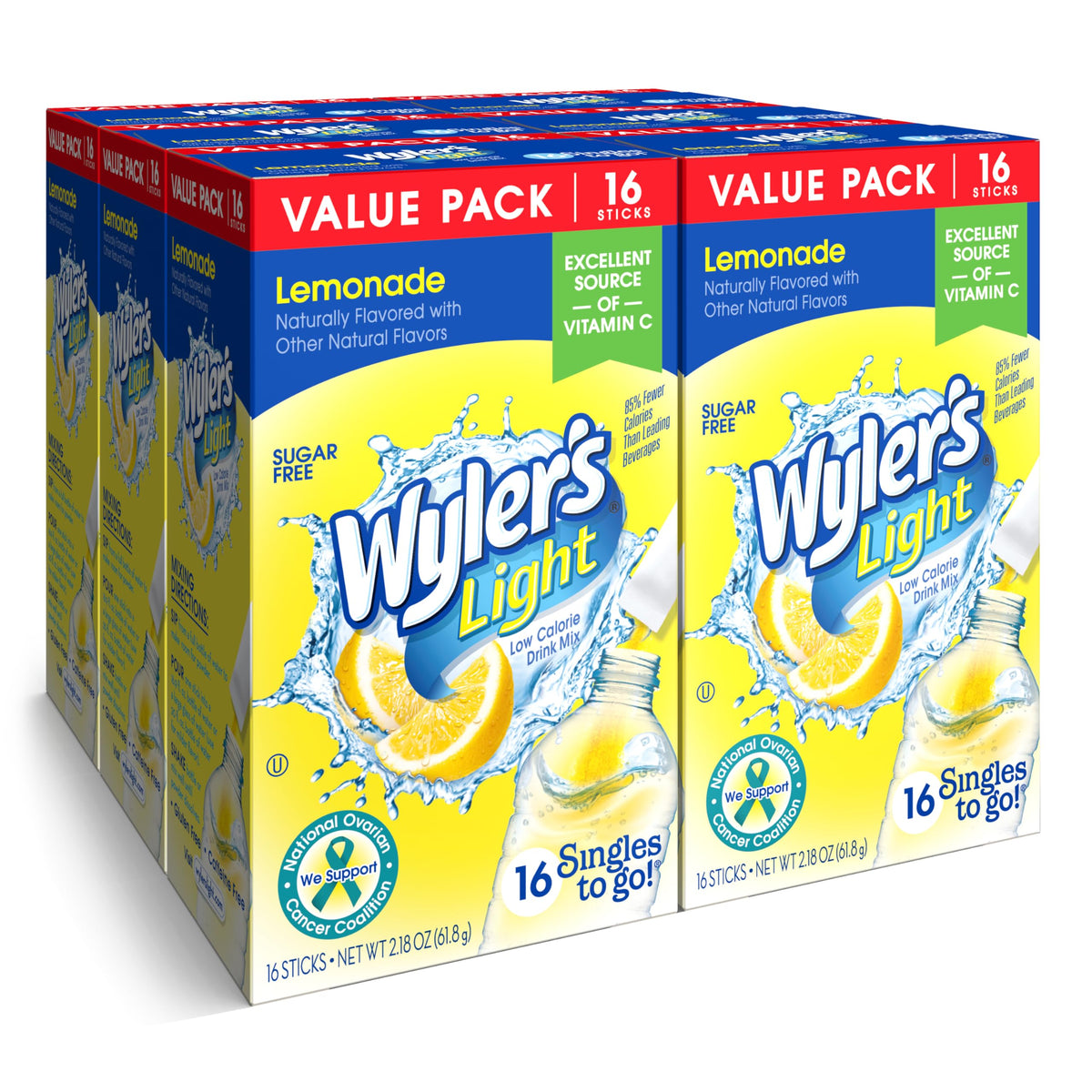 Wyler's Light Lemonade singles to go packets in a box for easy hydration.