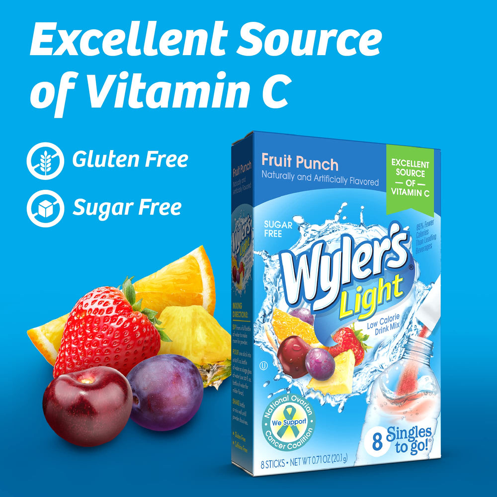 Wyler’s Light fruit punch packet poured into water bottle for quick flavor.