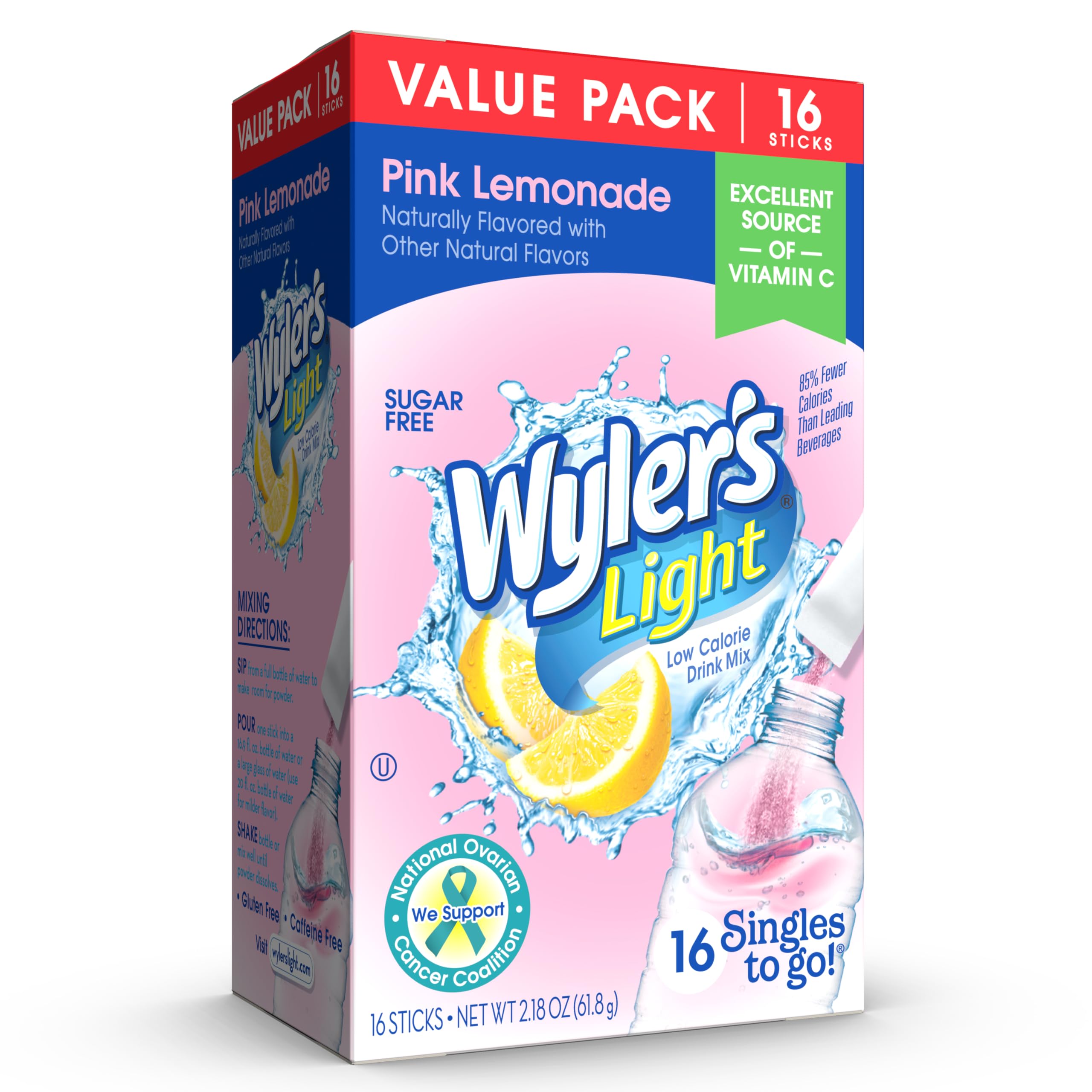 Wyler's Light pink lemonade powder packet close-up for quick flavor mix.