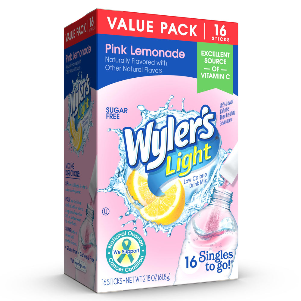 Wyler's Light pink lemonade powder packet close-up for quick flavor mix.