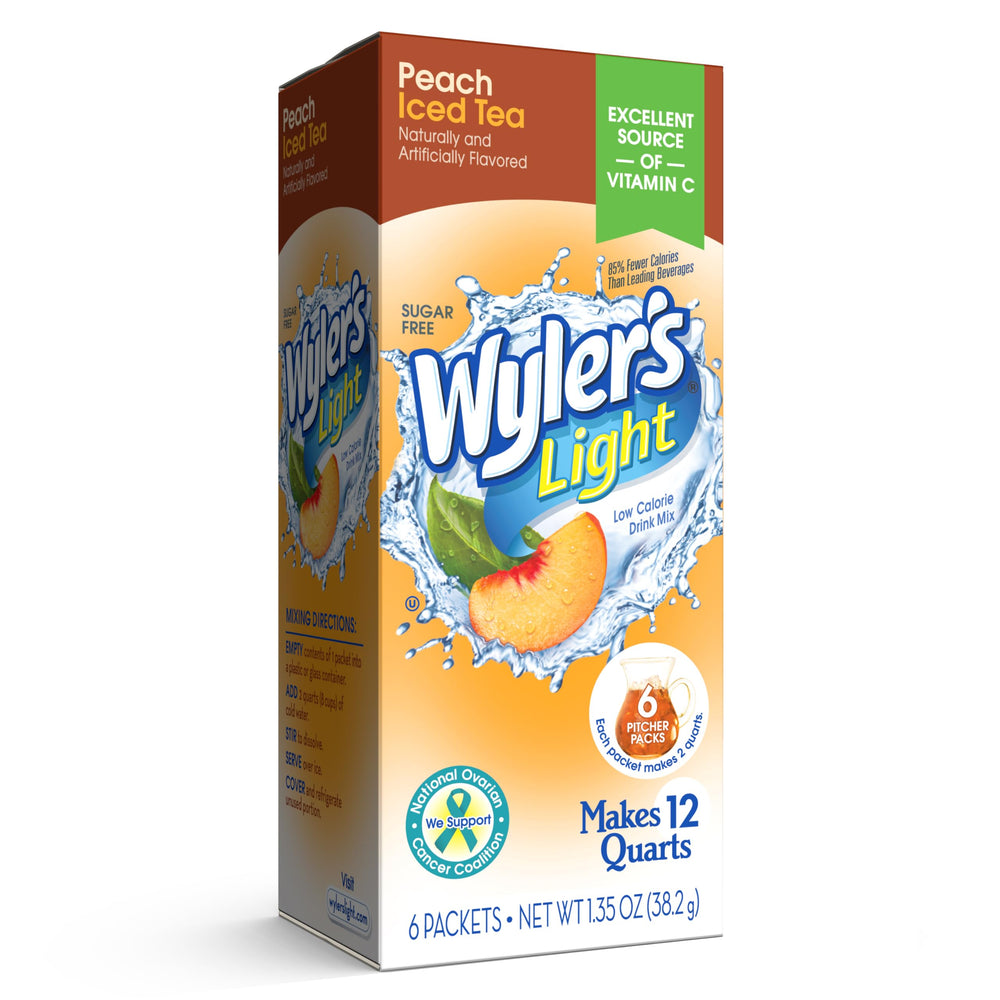 Wyler's Light Peach Iced Tea box for sugar-free hydration at home.