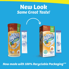 Wyler's Light pitcher packs dispensing Peach Iced Tea into water.
