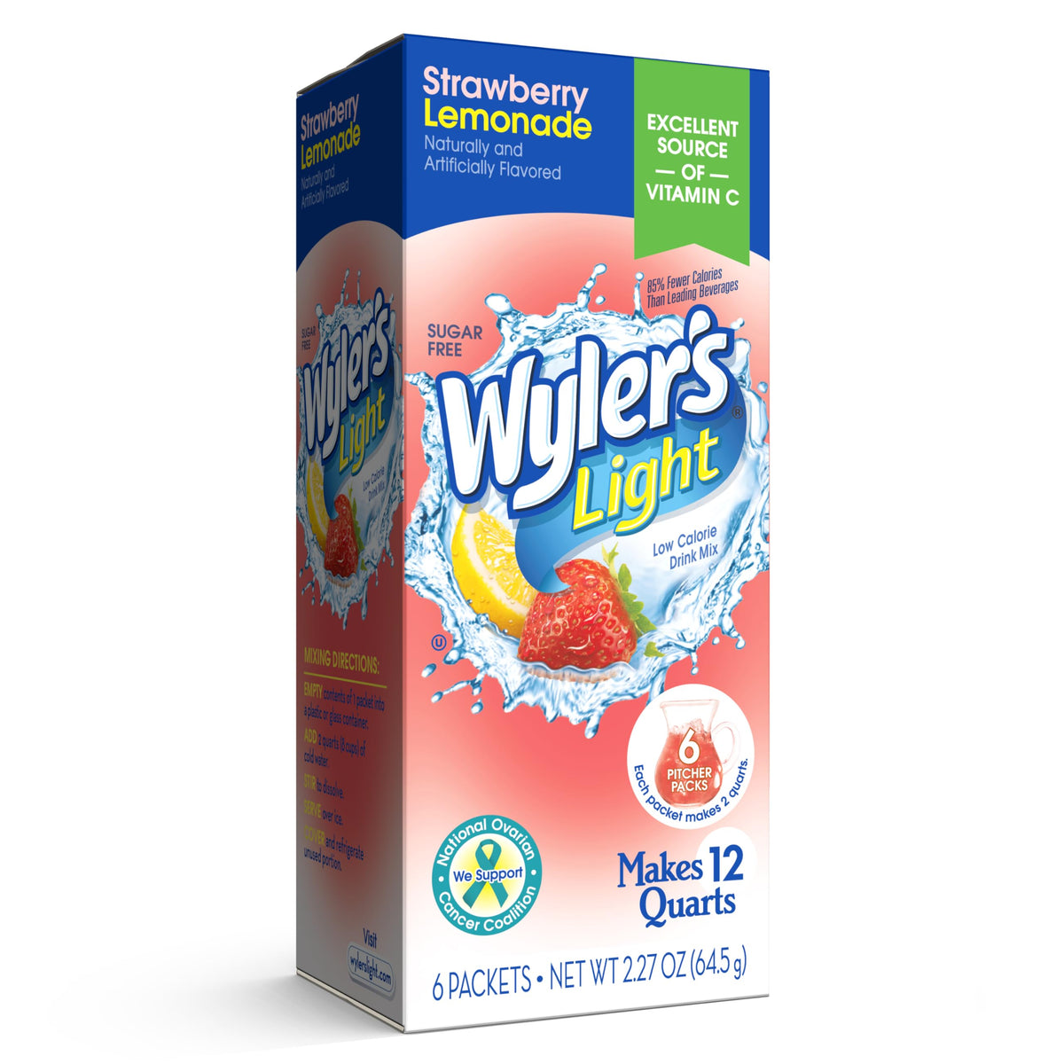 Wyler's Light Pitcher Packs strawberry lemonade glass, sugar-free flavor for hydration on the go.