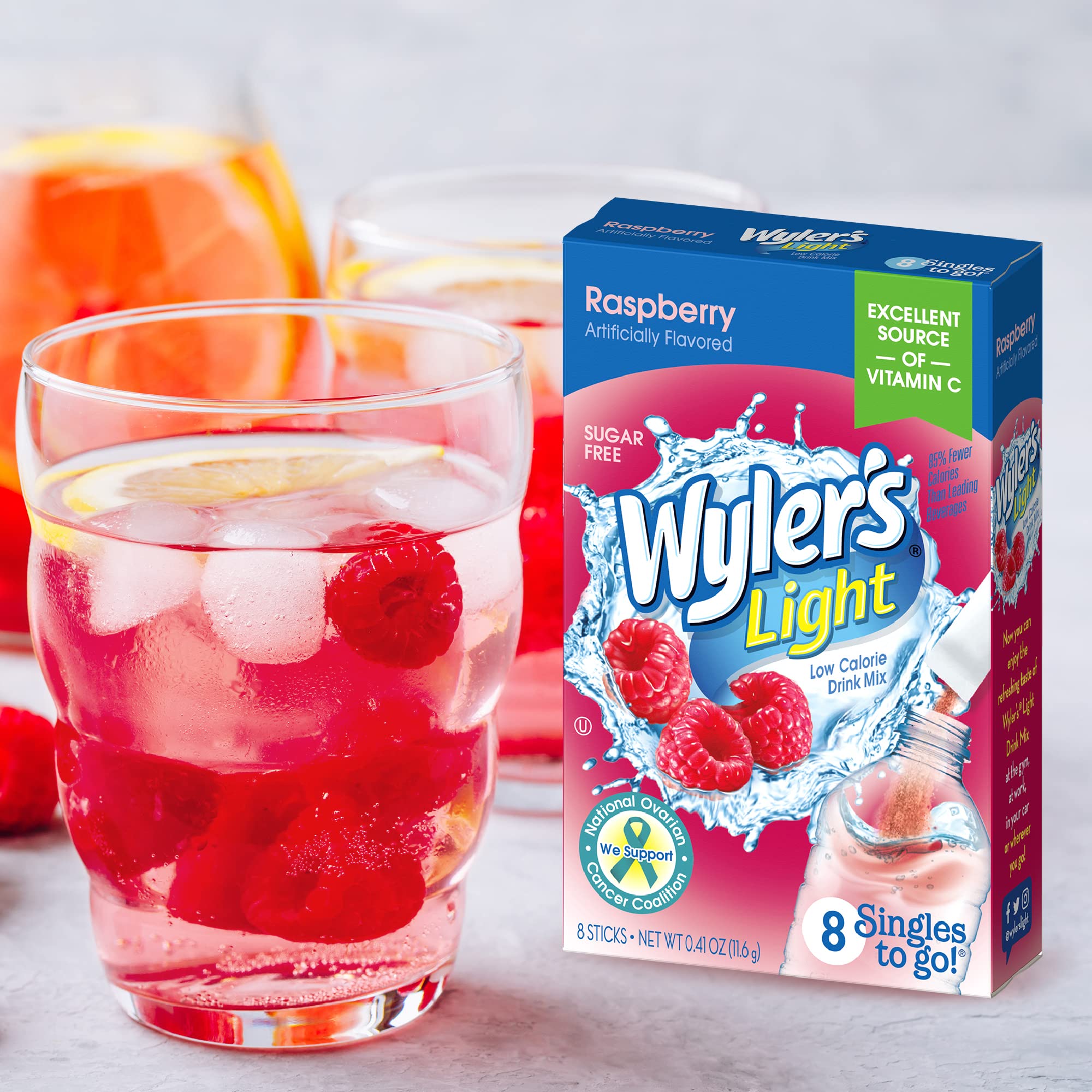 Open case of Wyler's Light Raspberry packets ready for quick hydration.