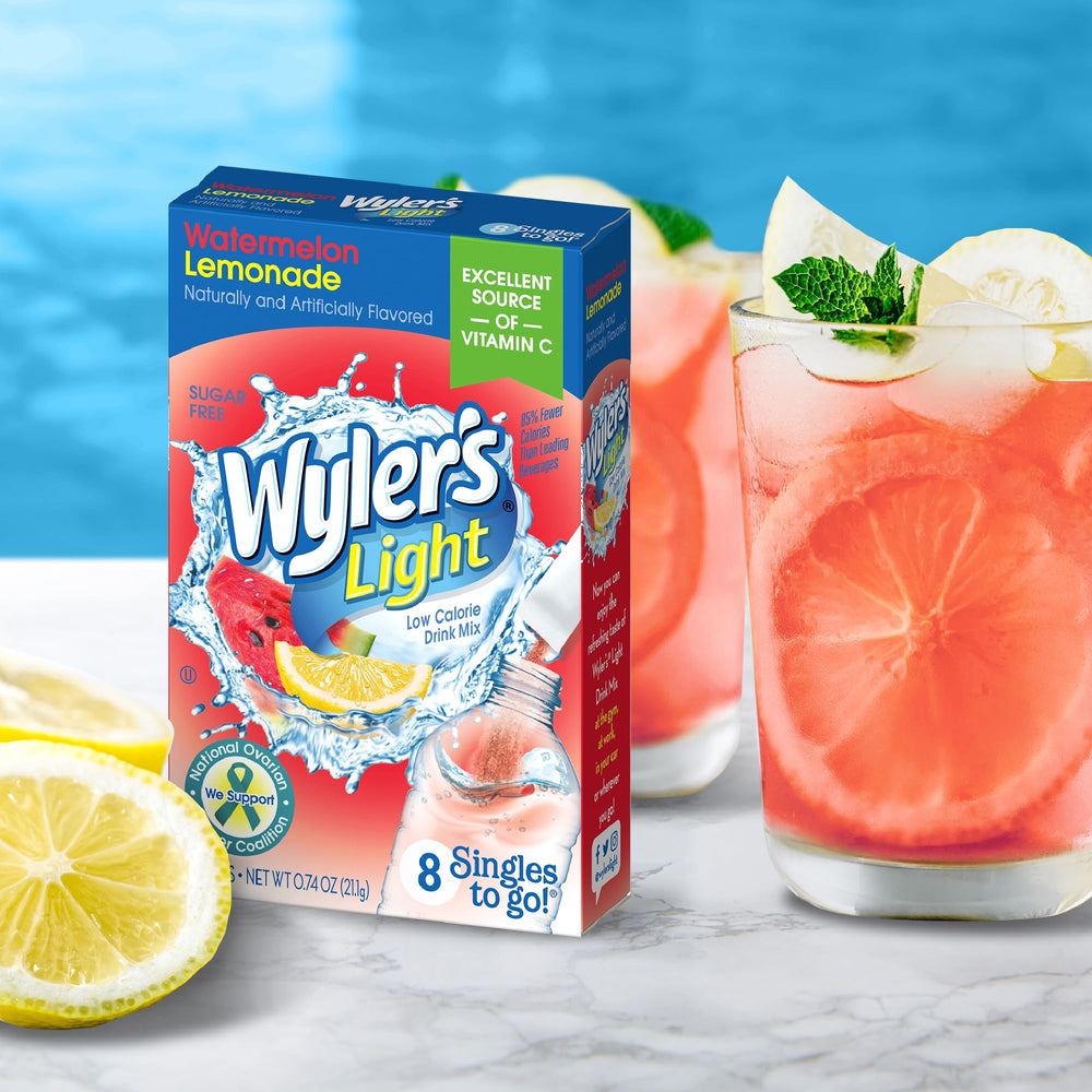 Wyler's Light singles to go box packaging with eight packets for hydration on the move