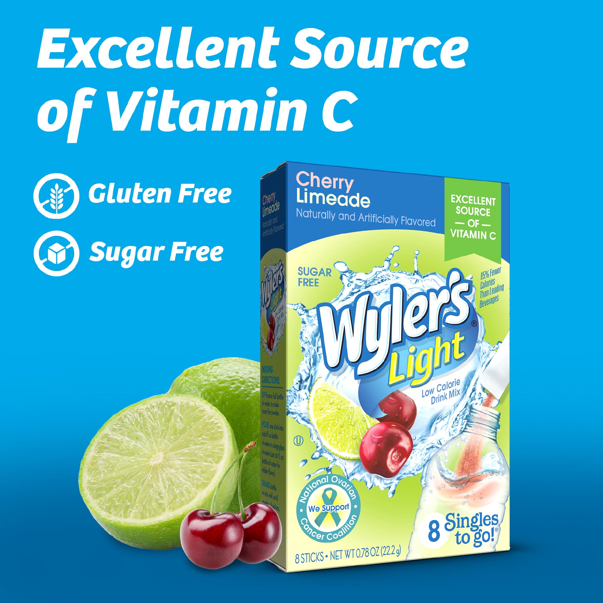 Wyler's Light Cherry Limeade in a water bottle highlights low-calorie refreshment.