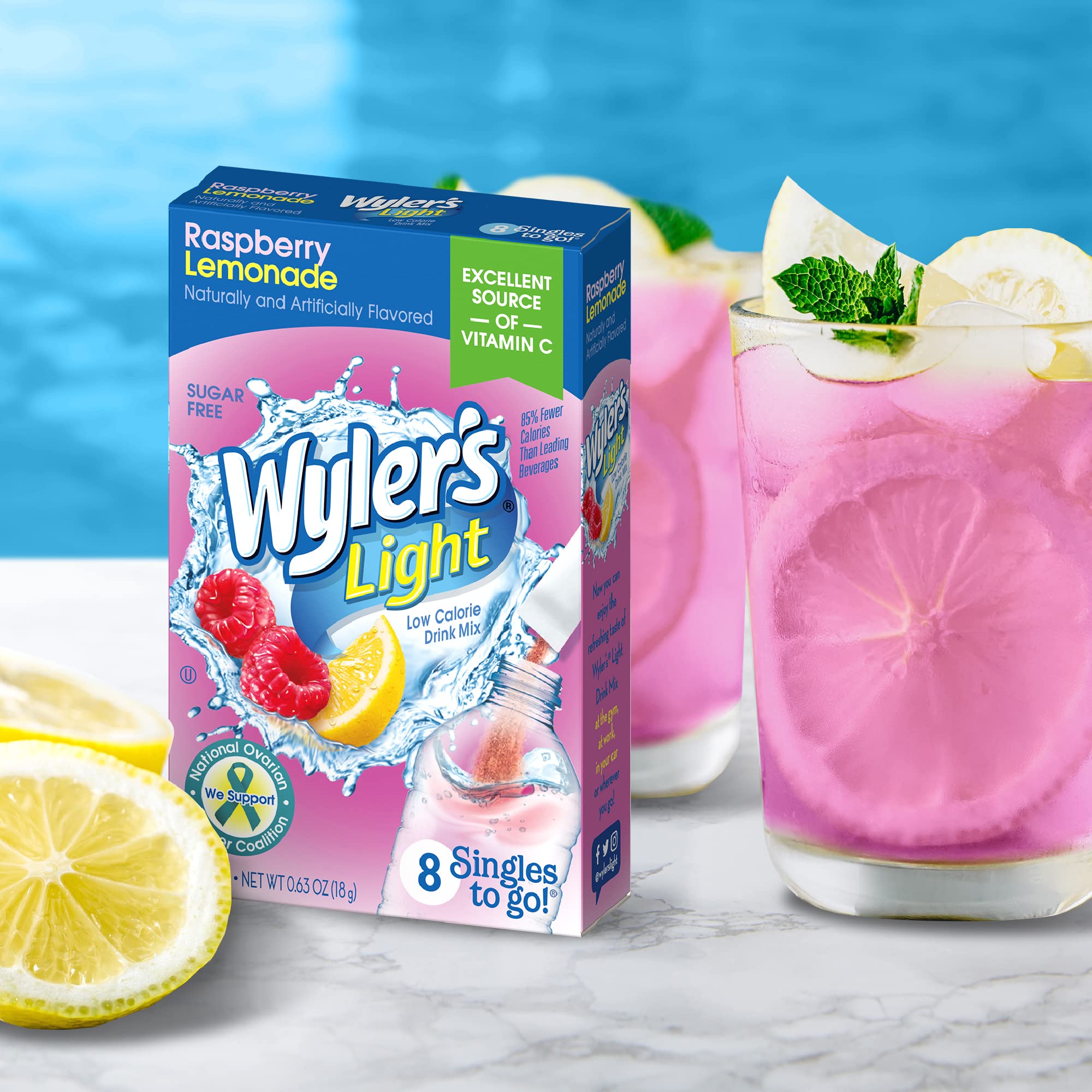 Wyler's Light single packet being poured into water for quick flavor.