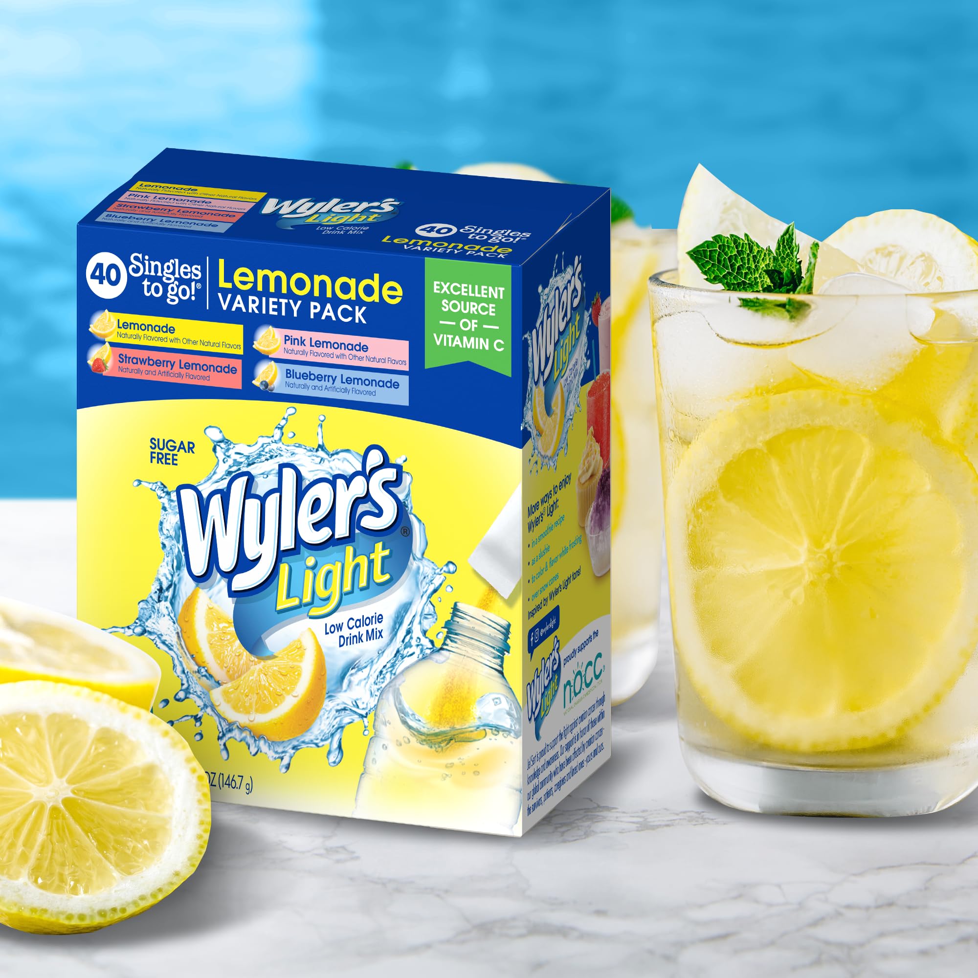 Close-up of Wyler's Light singles-to-go packets ready to mix