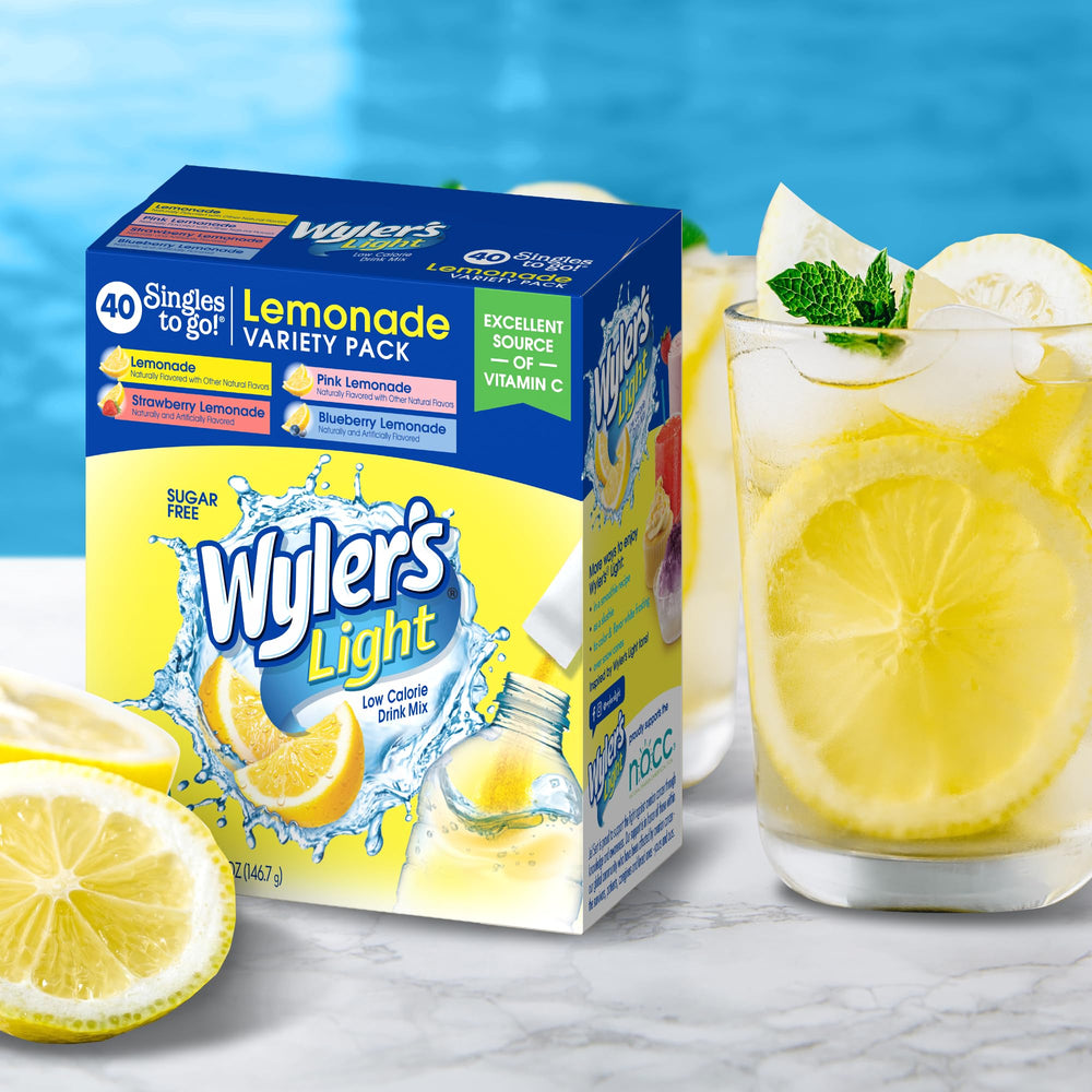 Close-up of Wyler's Light singles-to-go packets ready to mix