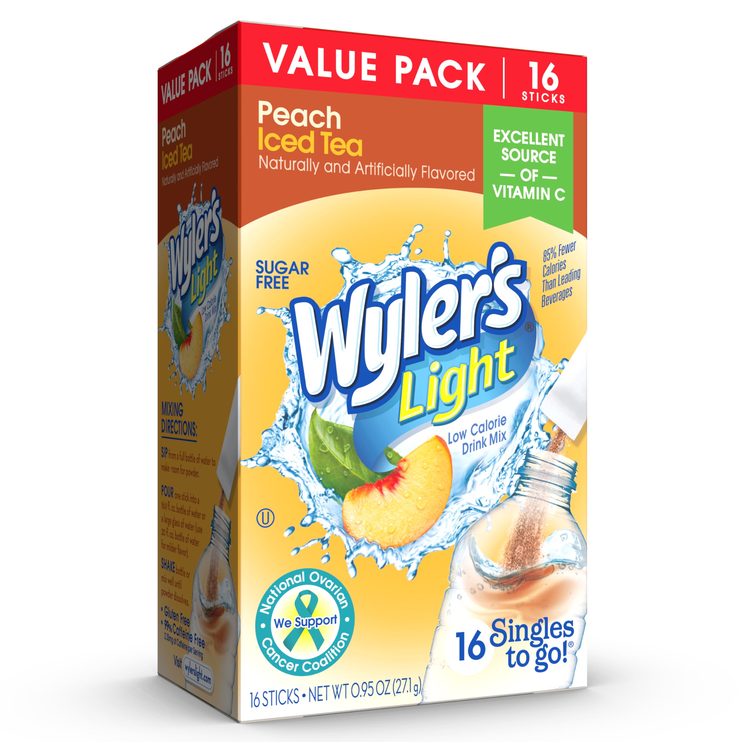 Wyler's Light Singles To Go peach iced tea box with 16 packets for convenient refills.