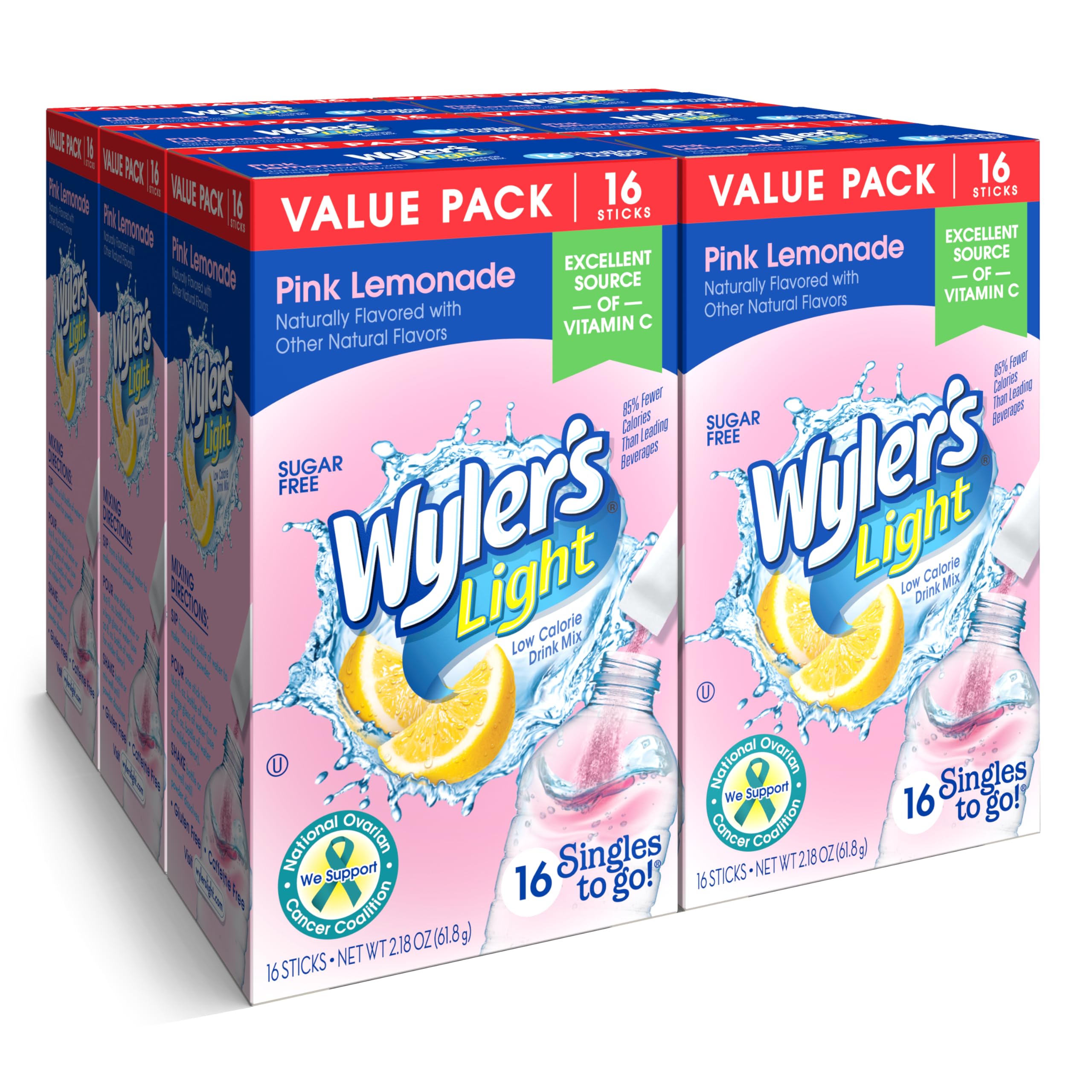 Wyler's Light Singles To Go pink lemonade packets for convenient hydration on the go.