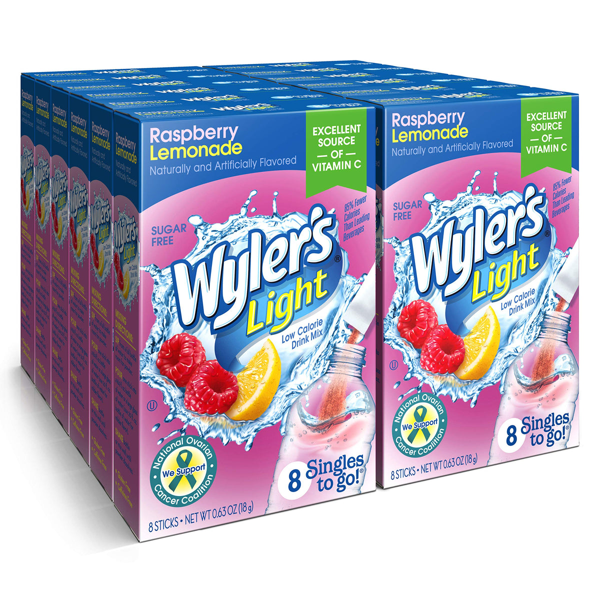 Wyler's Light Raspberry Lemonade packet ready to flavor water for low-calorie refreshment.