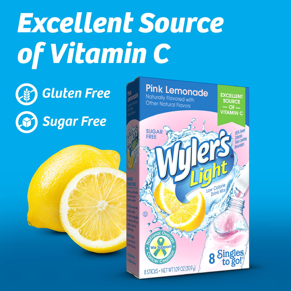 Wyler's Light Pink Lemonade mix in a water bottle for vibrant flavor.