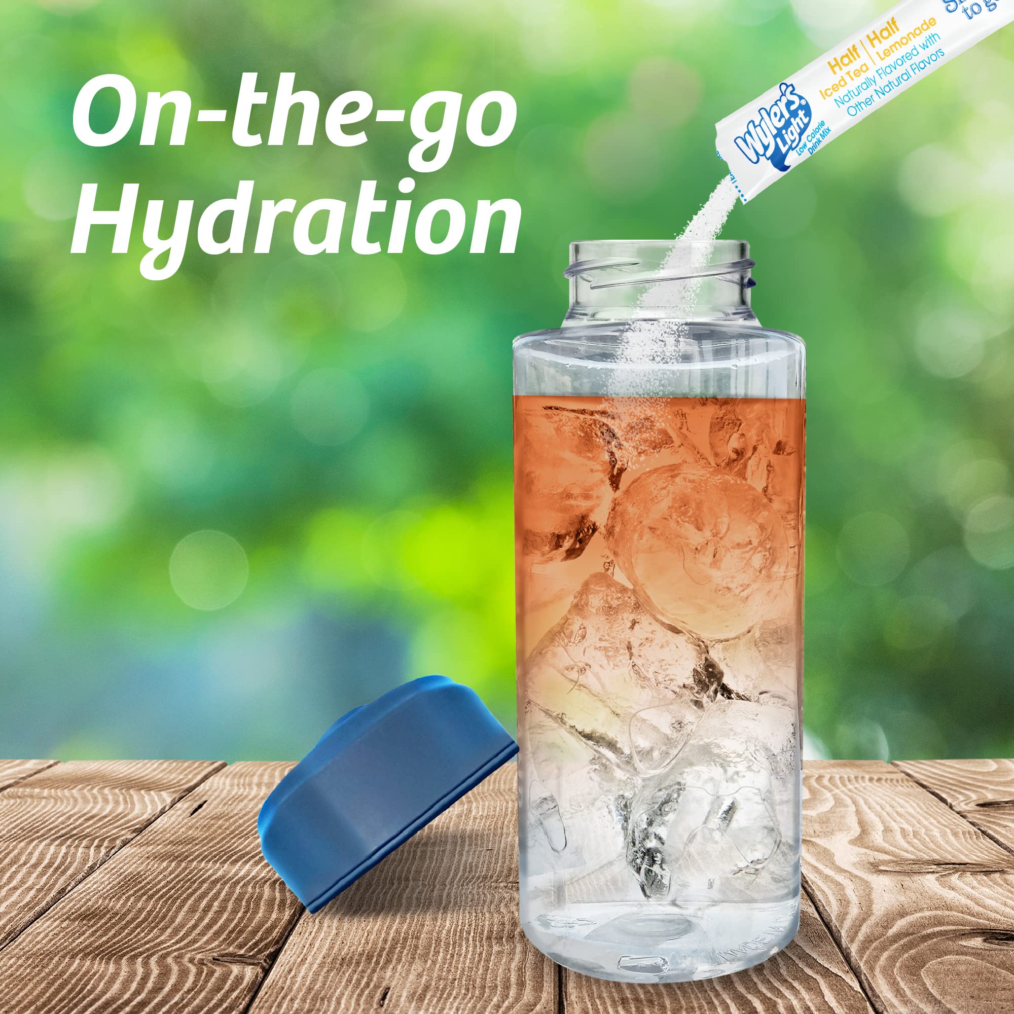 Water bottle with Wyler's powder being added for quick flavor during activity.