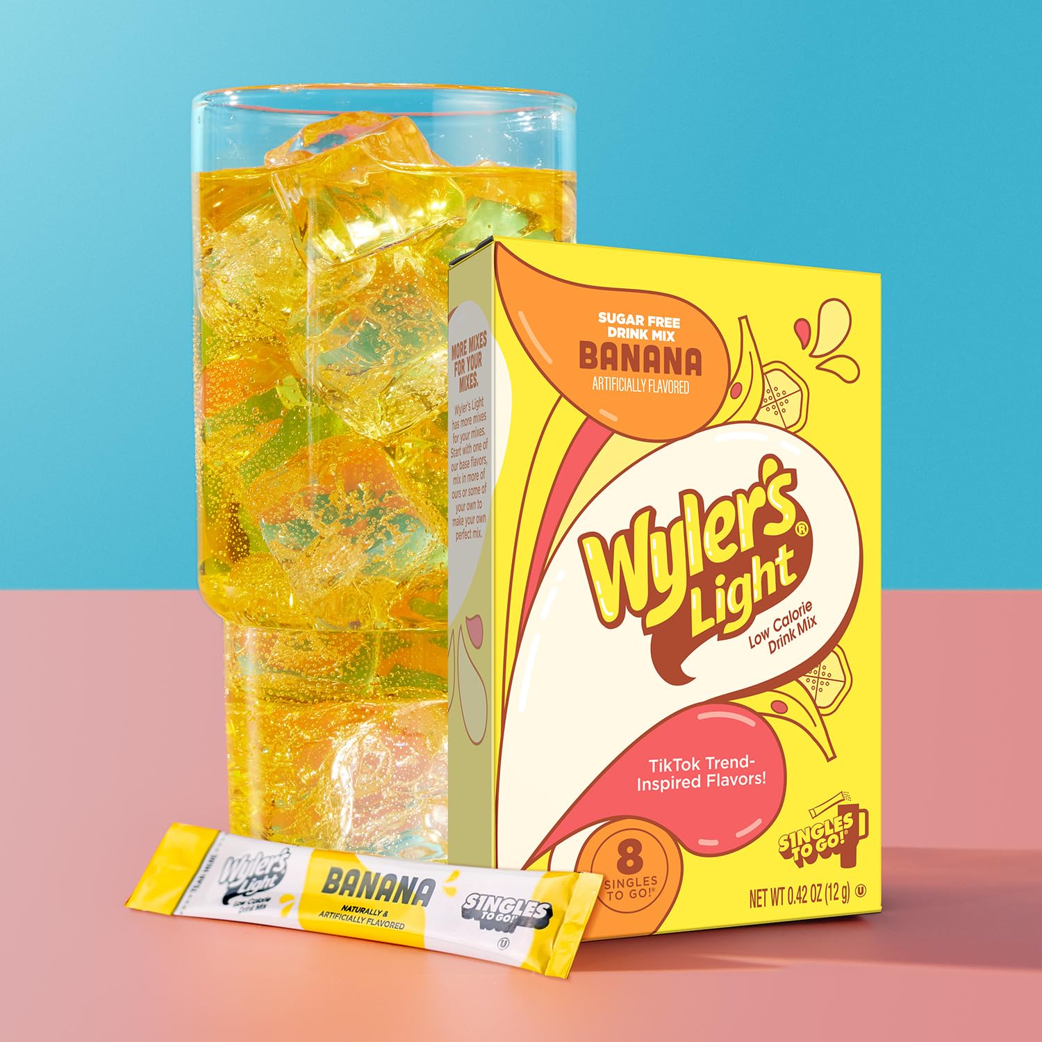Wyler’s Light Watertok Banana being stirred into water for a refreshing flavor boost.