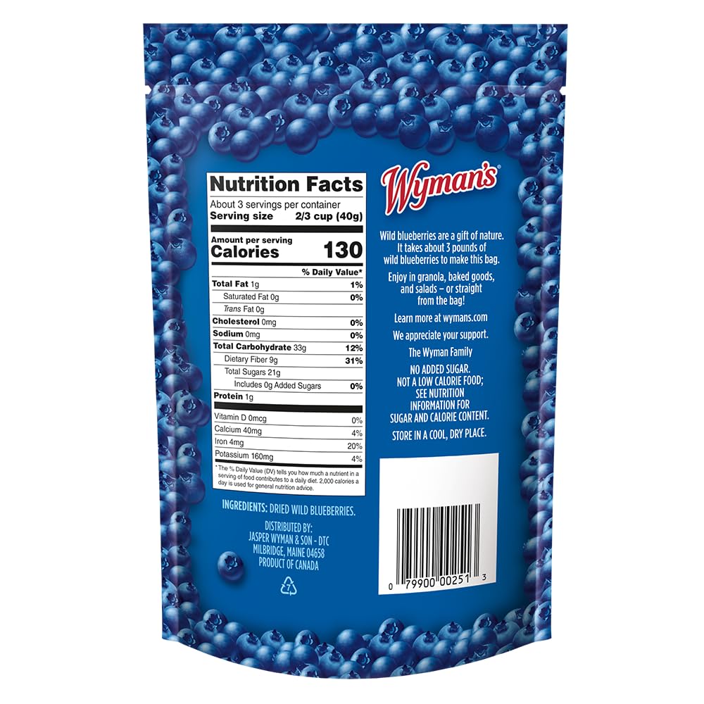 Wyman's dried wild blueberries closeup reveals plump berries with fiber-rich appeal.