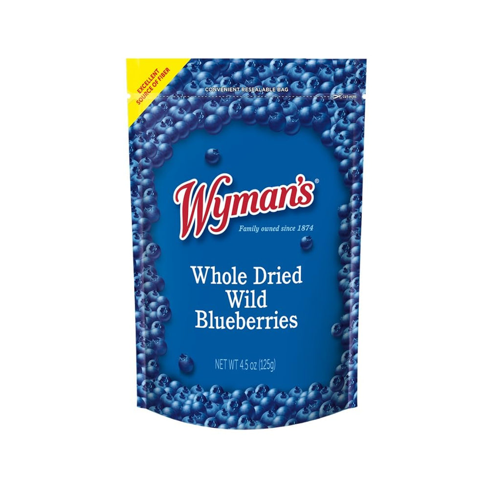 Wyman's whole dried wild blueberries bag front, resealable for easy snacking.