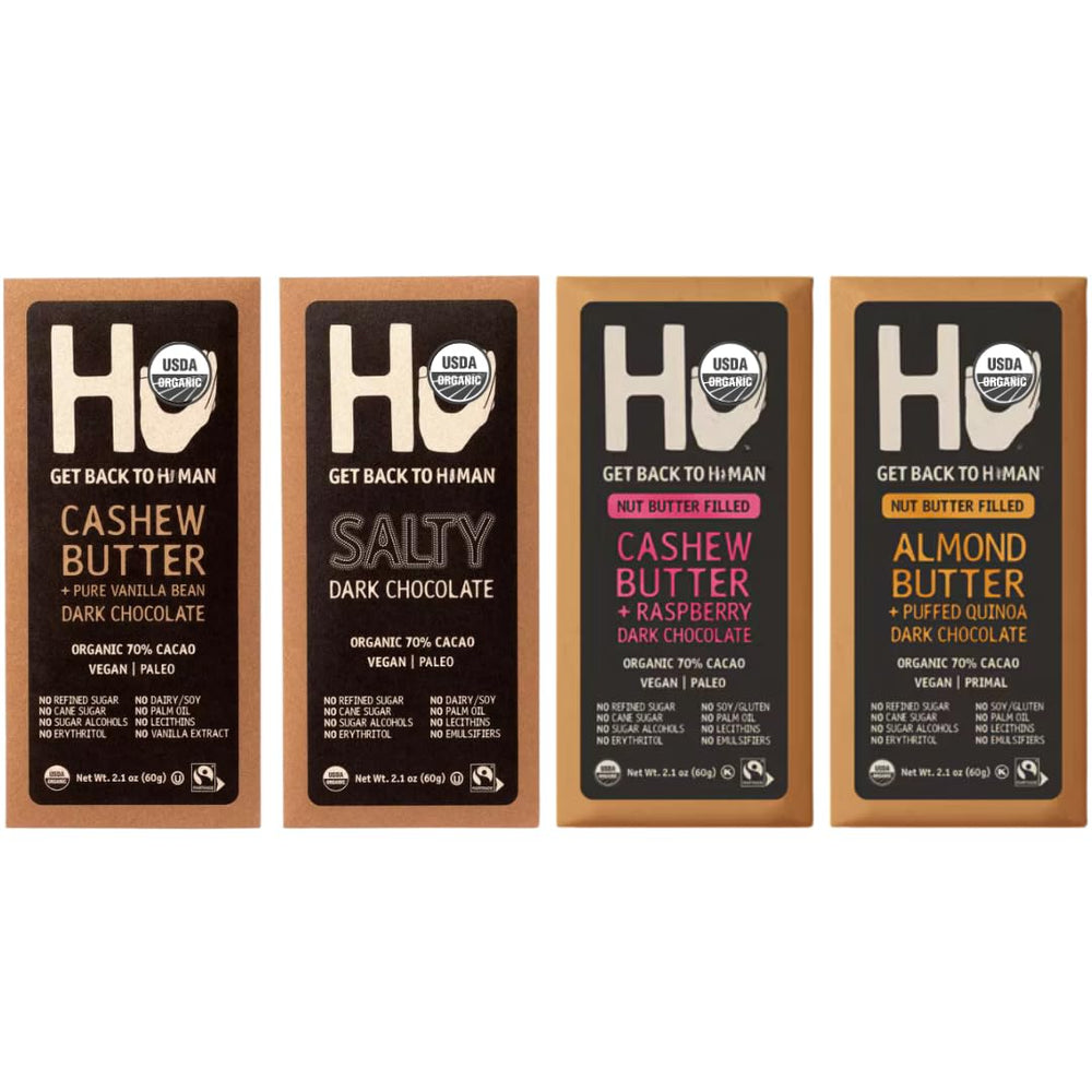 X-Zone Chocolate Bar Variety Pack with four dark bars, vegan and gluten-free, no dairy.
