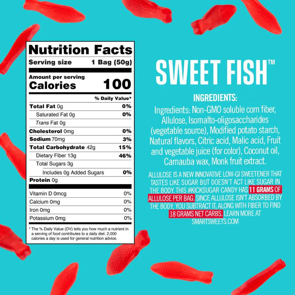 Per-bag nutrition: 3 g sugar and 100 calories in each SmartSweetts gummy bag.