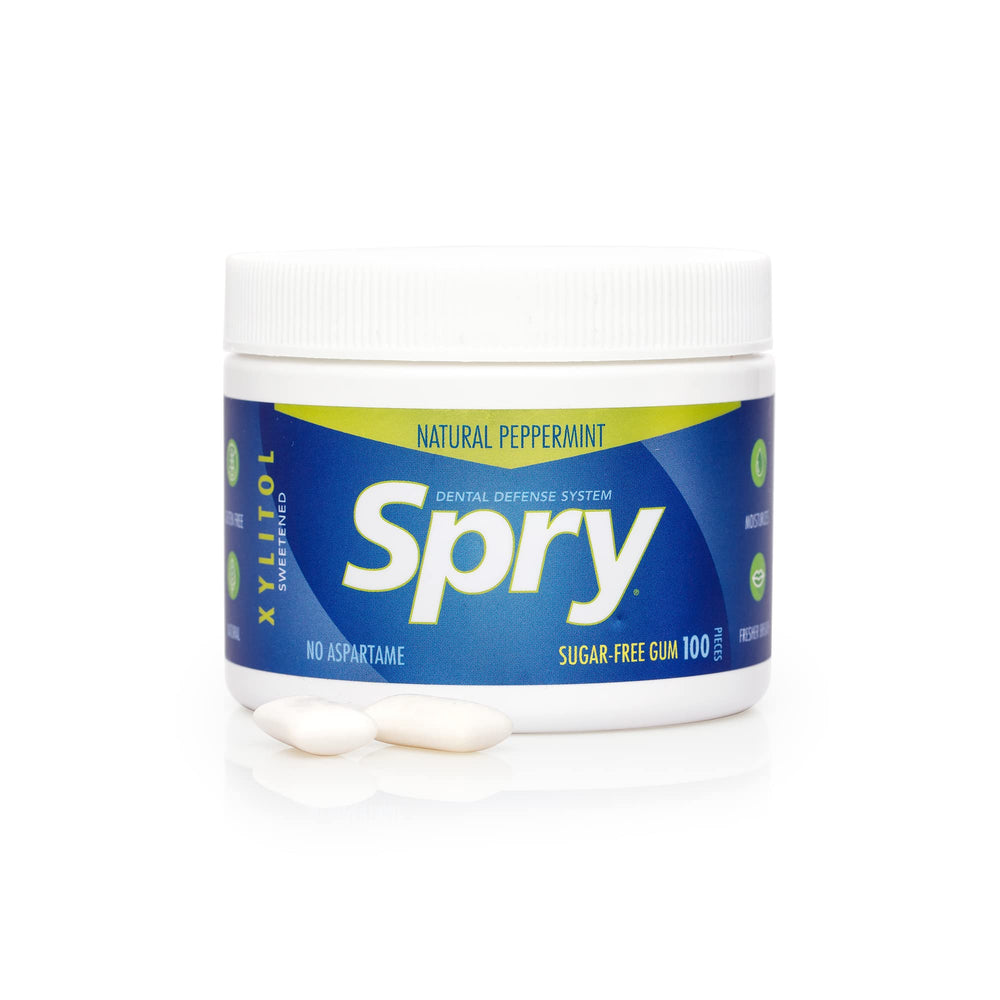 Xlear Spry Peppermint gum ingredient label highlighting xylitol and sugar-free formula.