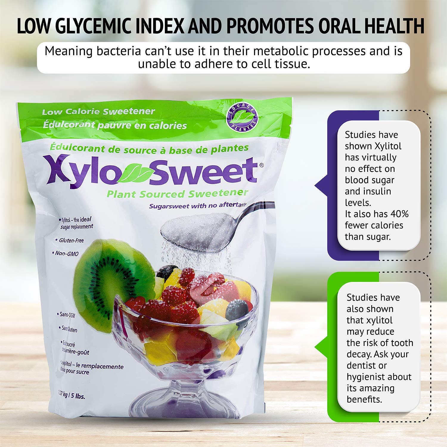 XyloSweet packaging highlighting gluten-free and non-GMO attributes