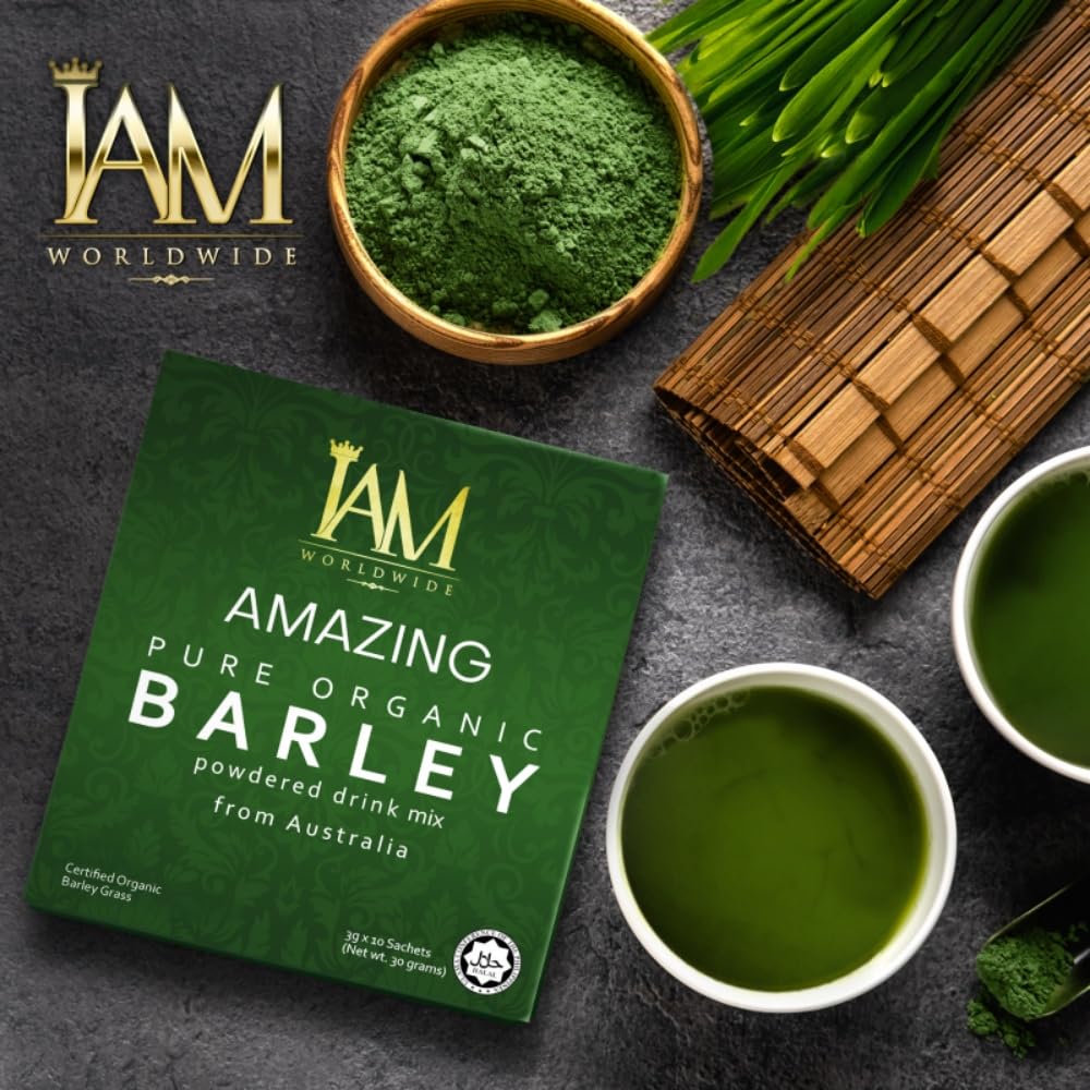 XLXZHYF barley powdered drink mix in glass with natural greens