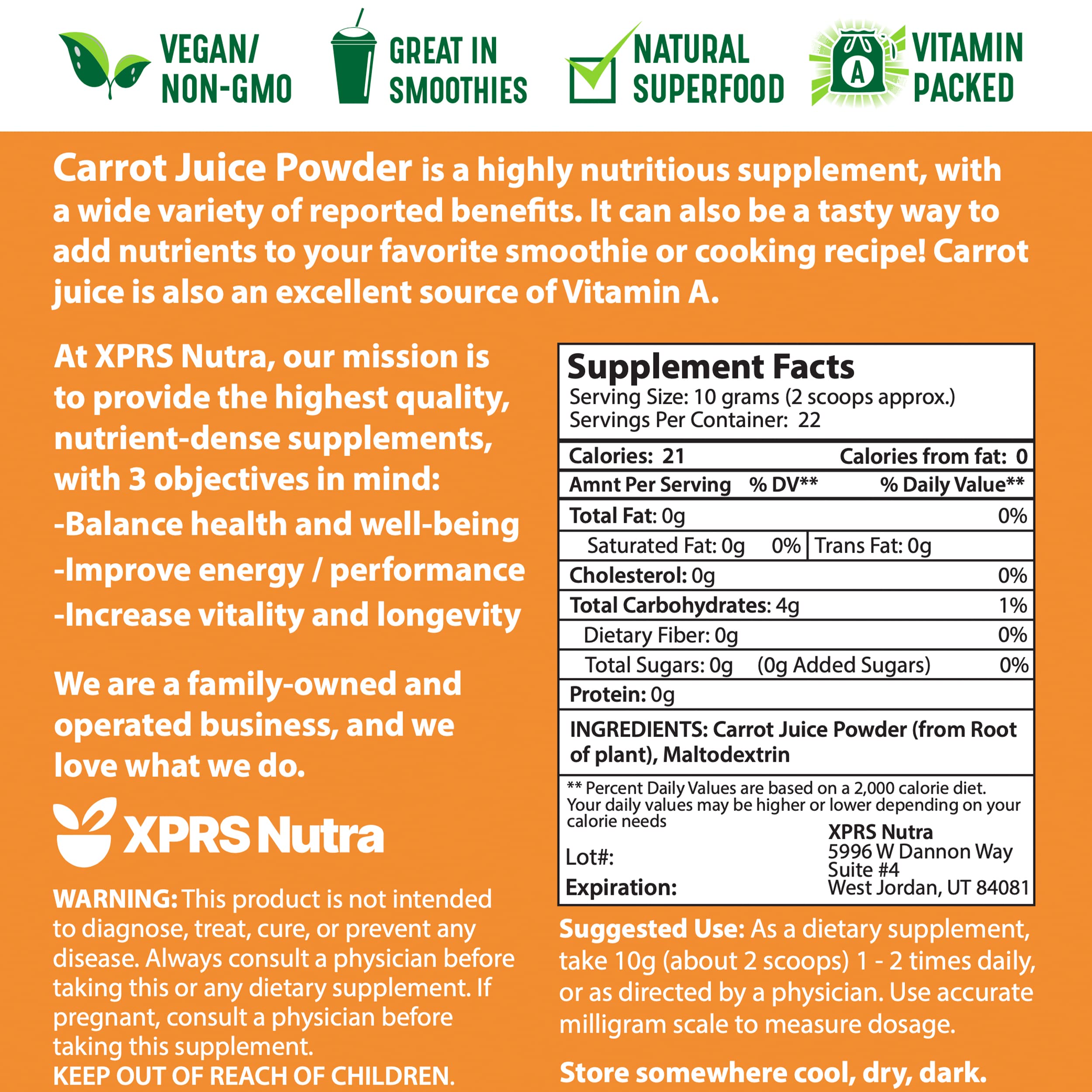 XPRS Nutra carrot powder jar back highlights non-GMO packaging