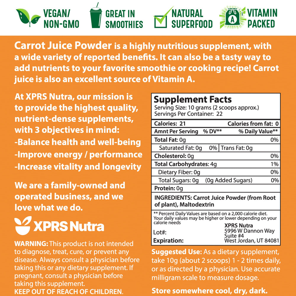 XPRS Nutra carrot powder jar back highlights non-GMO packaging