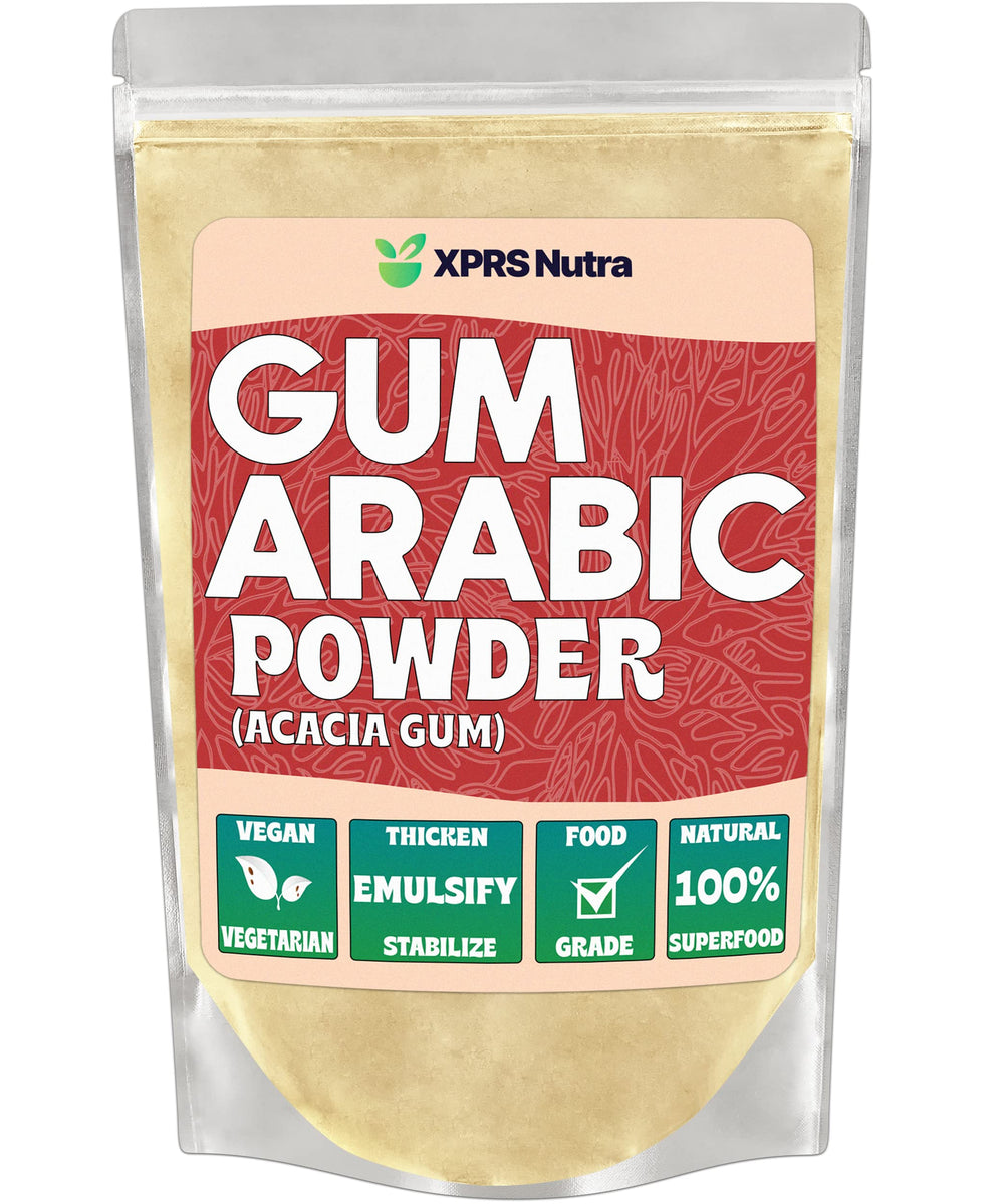 XPRS Nutra Gum Arabic powder bag shows natural fiber and vegan binder.