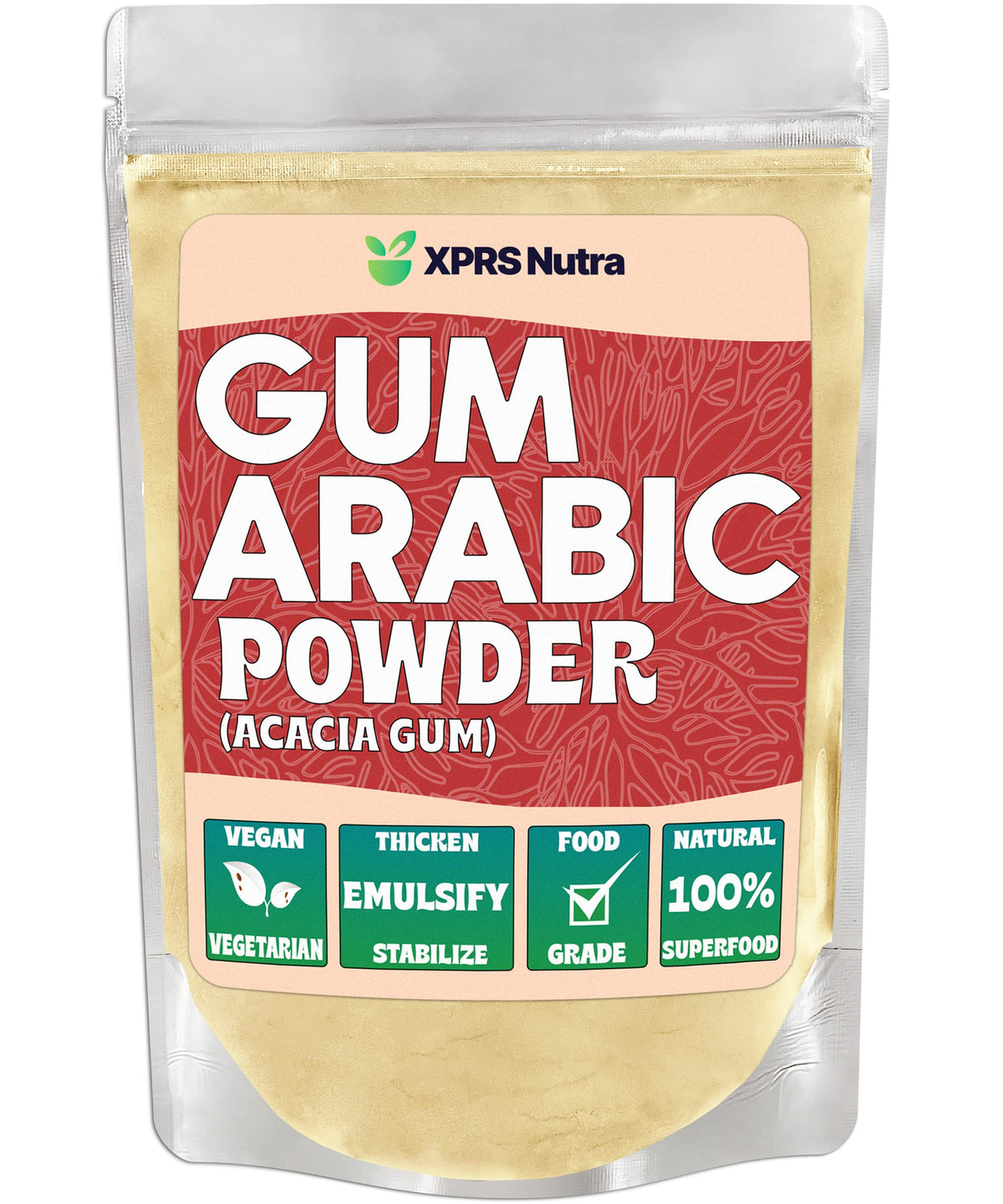 XPRS Nutra Gum Arabic Powder bottle close-up shows tasteless, water-soluble fiber for mixing.