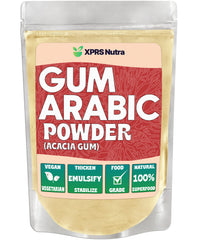 XPRS Nutra Gum Arabic Powder bottle close-up shows tasteless, water-soluble fiber for mixing.