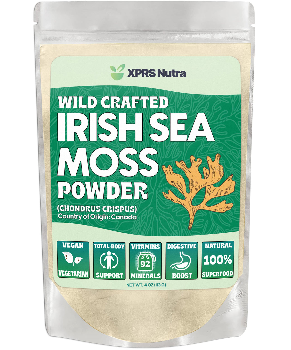 XPRS Nutra Irish Sea Moss Powder canister front view showing pure, mineral-rich powder