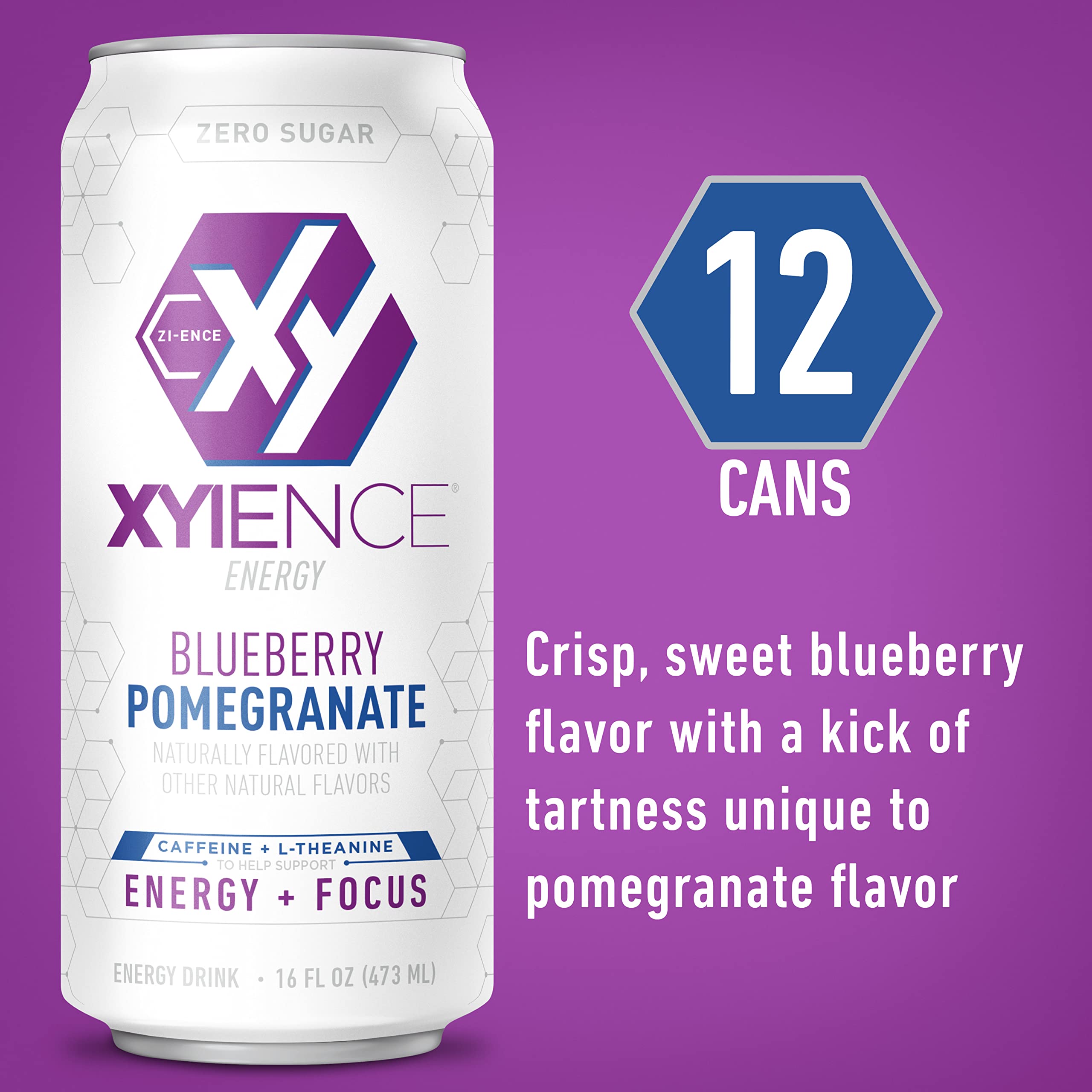 XYIENCE energy drink being poured into a glass with blue-pomegranate hue