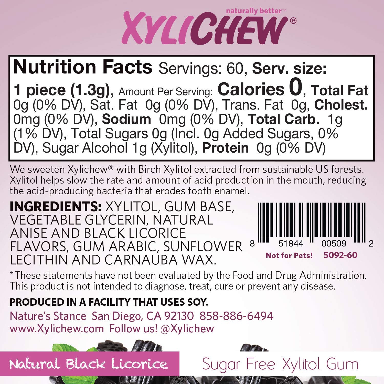 Xylichew licorice gum jar back label explains xylitol base and gluten-free claim.