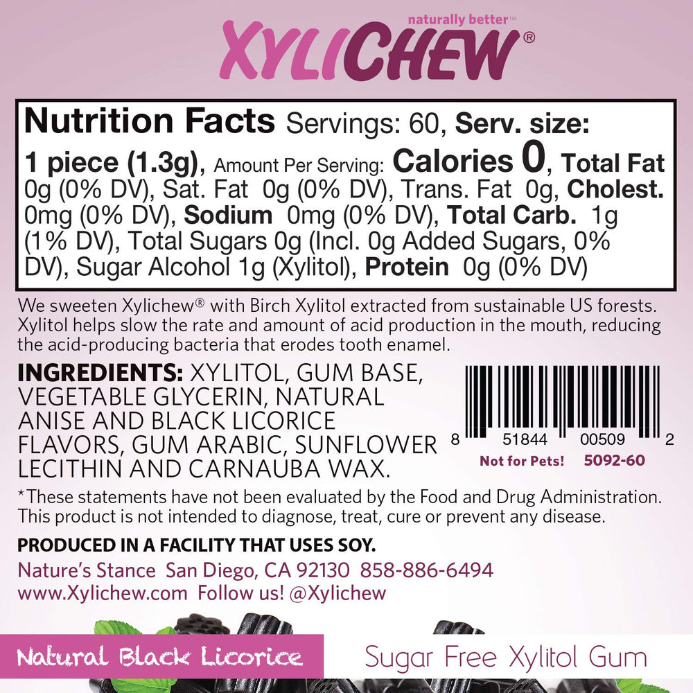 Xylichew licorice gum jar back label explains xylitol base and gluten-free claim.