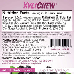 Xylichew licorice gum jar back label explains xylitol base and gluten-free claim.