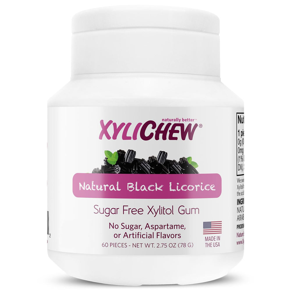 Xylichew licorice gum jar front shows sugar-free branding and flavor focus.