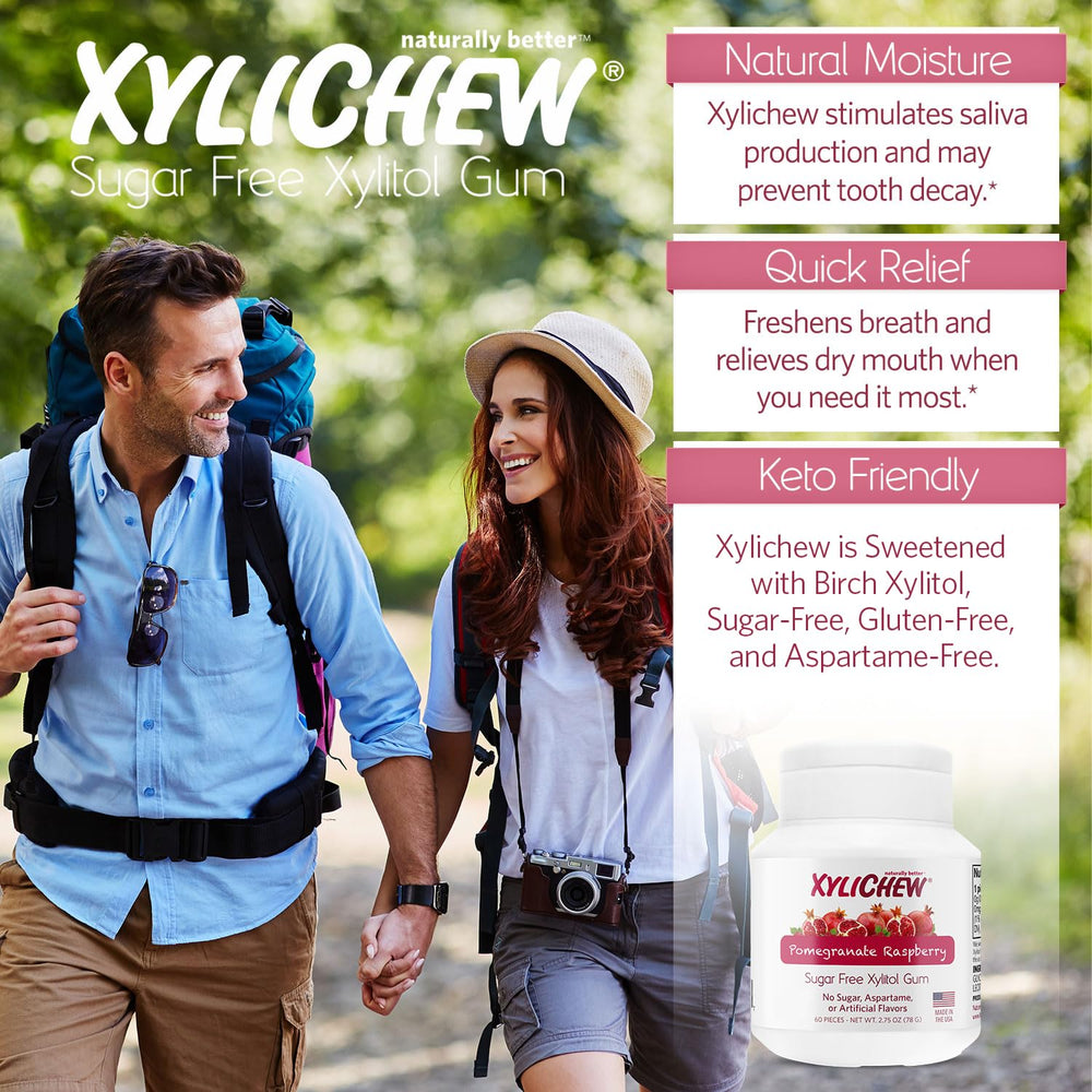 Xylichew Pomegranate Raspberry packaging closeup emphasizes clean ingredients.