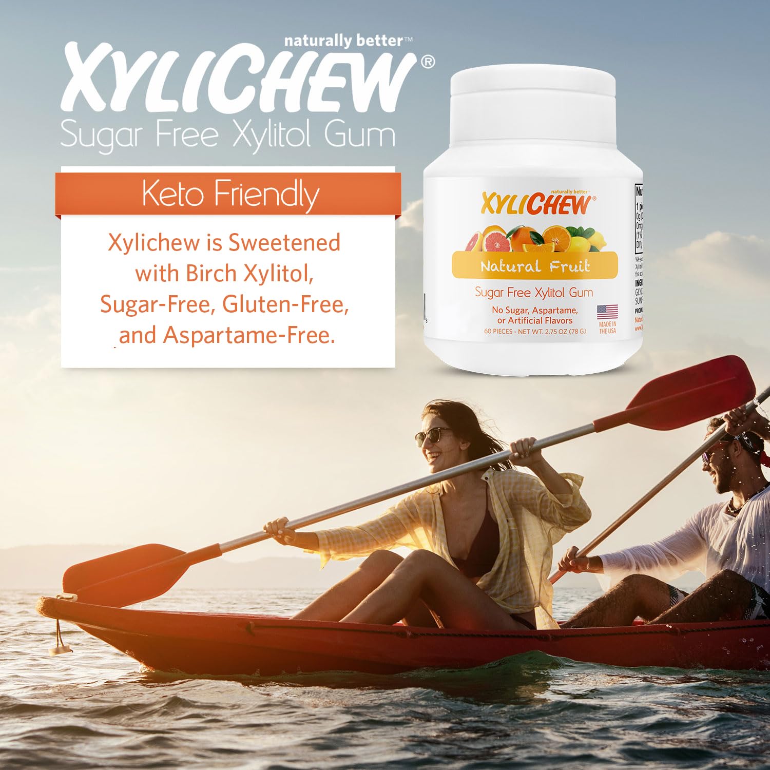 Close-up of Xylichew gum piece highlighting birch xylitol sweetness for a clean, sugar-free chew