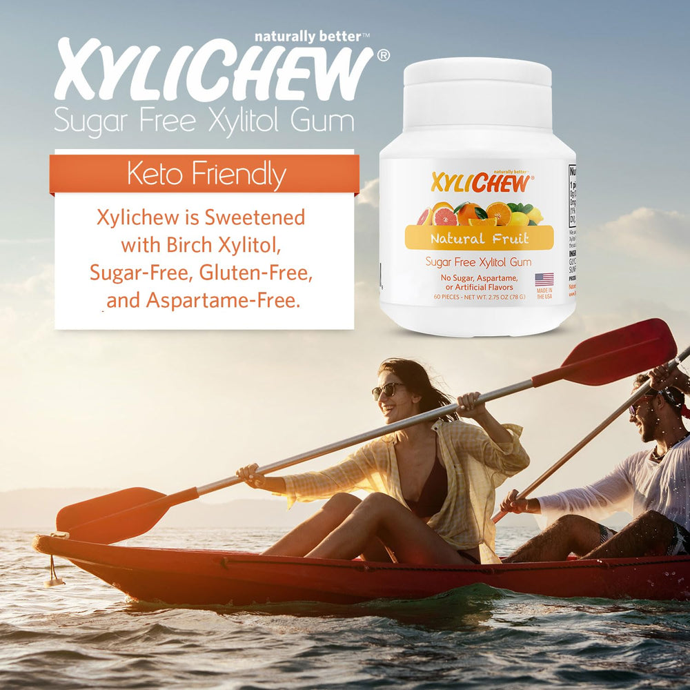 Close-up of Xylichew gum piece highlighting birch xylitol sweetness for a clean, sugar-free chew